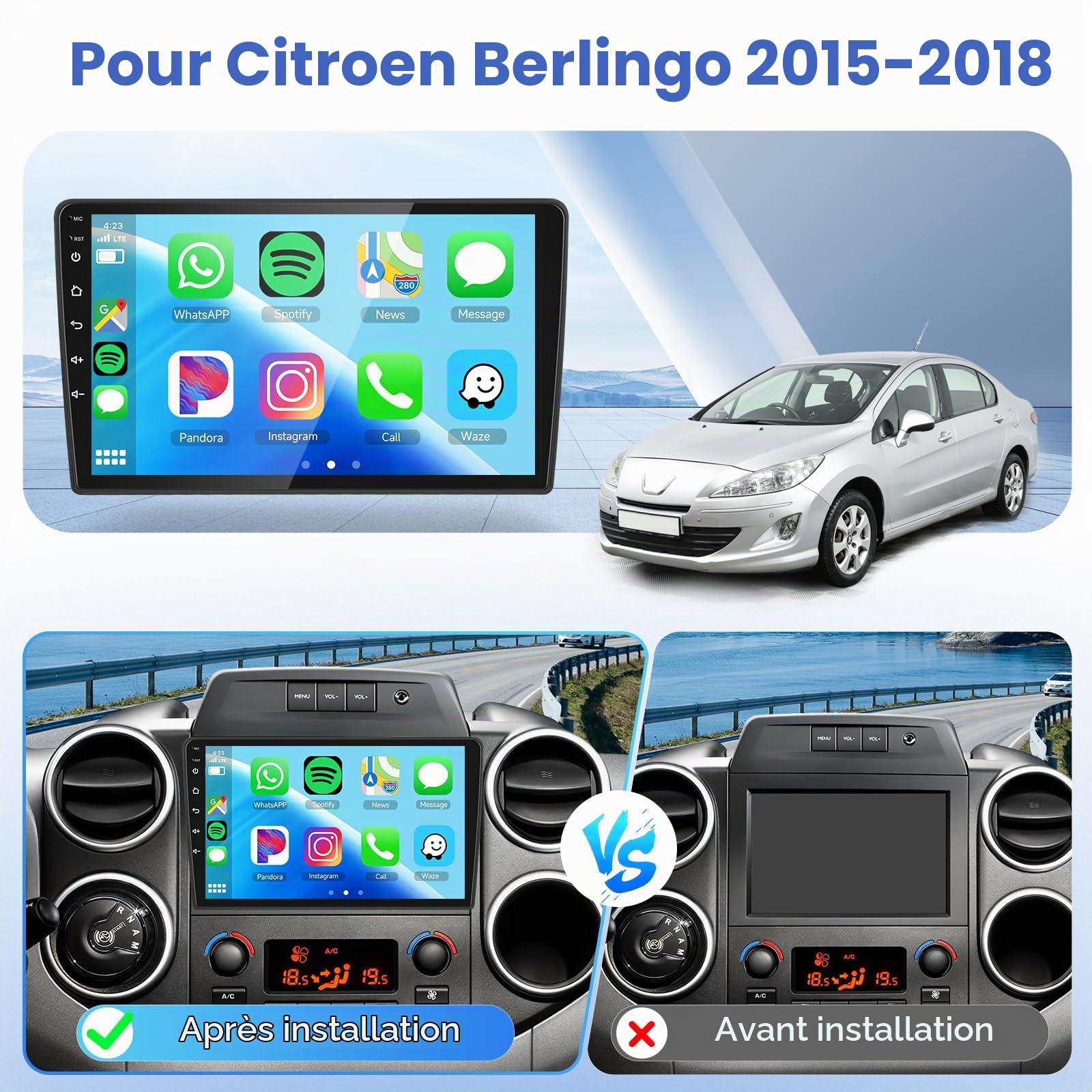 Podofo Autoradio Carplay pour Citroën Berlingo 2015-2018, Autoradio 9" à écran Tactile 2G+64G avec Carplay sans Fil Android Auto, Bluetooth/GPS/WiFi/FM/RDS/SWC/HiFi/USB+Caméra arrière
