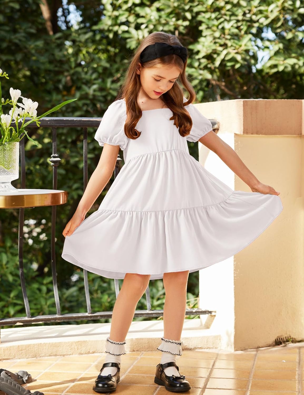 Arshiner Girls Dresses Short Sleeve Ruffle Chiffon Summer Flowy Dress with Square Neck - Image 8