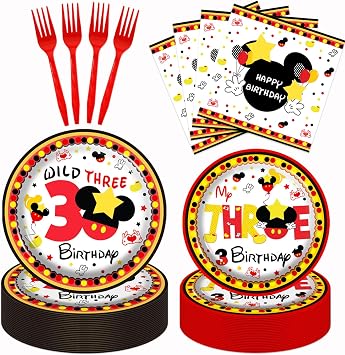 XXDecor 80pcs Red Cartoon 3rd Birthday Party Supplies - Young Wild and Three Dessert Plates Napkins Red Black 3rd Paper Plates Tableware Kit for Kids Boys Three Years Old Birthday Party Decorations