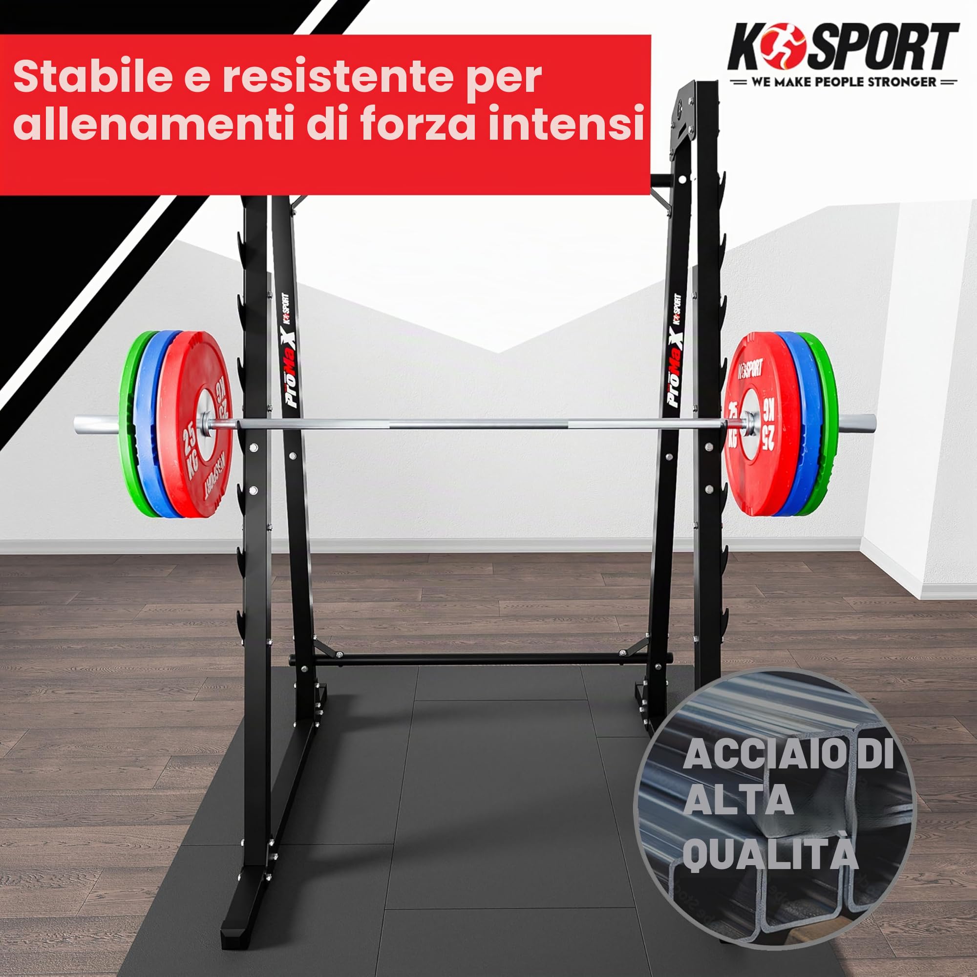 K-Sport: Porta bilanciere con dispositivo di sicurezza caricabile fino 280kg I Rack palestra per squat I Supporto bilanciere con barra di aggancio a 8 gradini I Rack bilanciere per squat, E-Book incl.