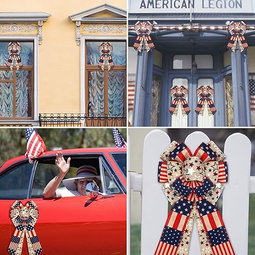 Miniatura 5 de Jutom 2 lazos patrióticos para corona del 4 de julio, lazo de arpillera con estrella roja, blanca y azul, arco de bandera estadounidense para el Día
