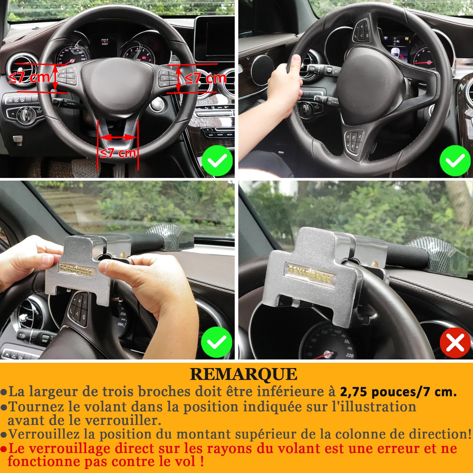 Tevlaphee Antivol Voiture 2En1, Canne Bloque Volant et Alarme Intelligente 120 DB, Ajustement Universel