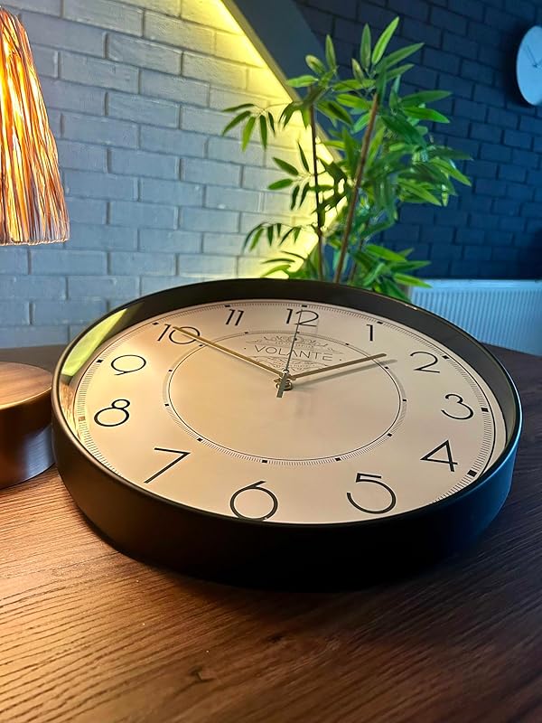 VOLANTE® Modern Duvar Saatleri ROME Serisi 35 cm Ø Gerçek Cam Ev/Ofis/Mutfak/Sınıf/Okul Sessiz & Akar (SİYAH-ALTIN)