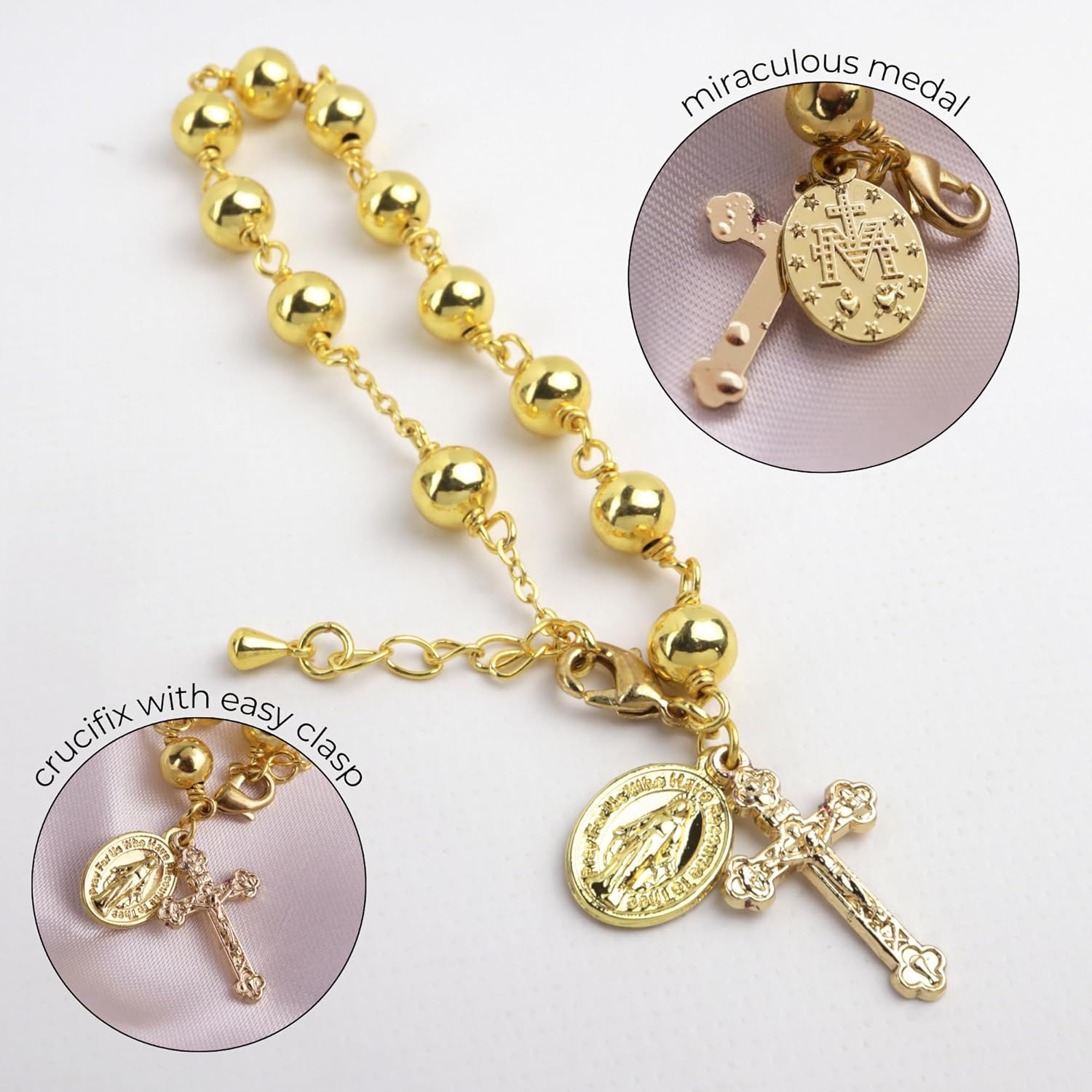 Needzo Gold Tone First Communion Rosary Bracelet, Beaded Chain with Cross and Miraculous Medal Charms, Catholic Religious Gift Keepsake for Eucharist or RCIA - Image 4