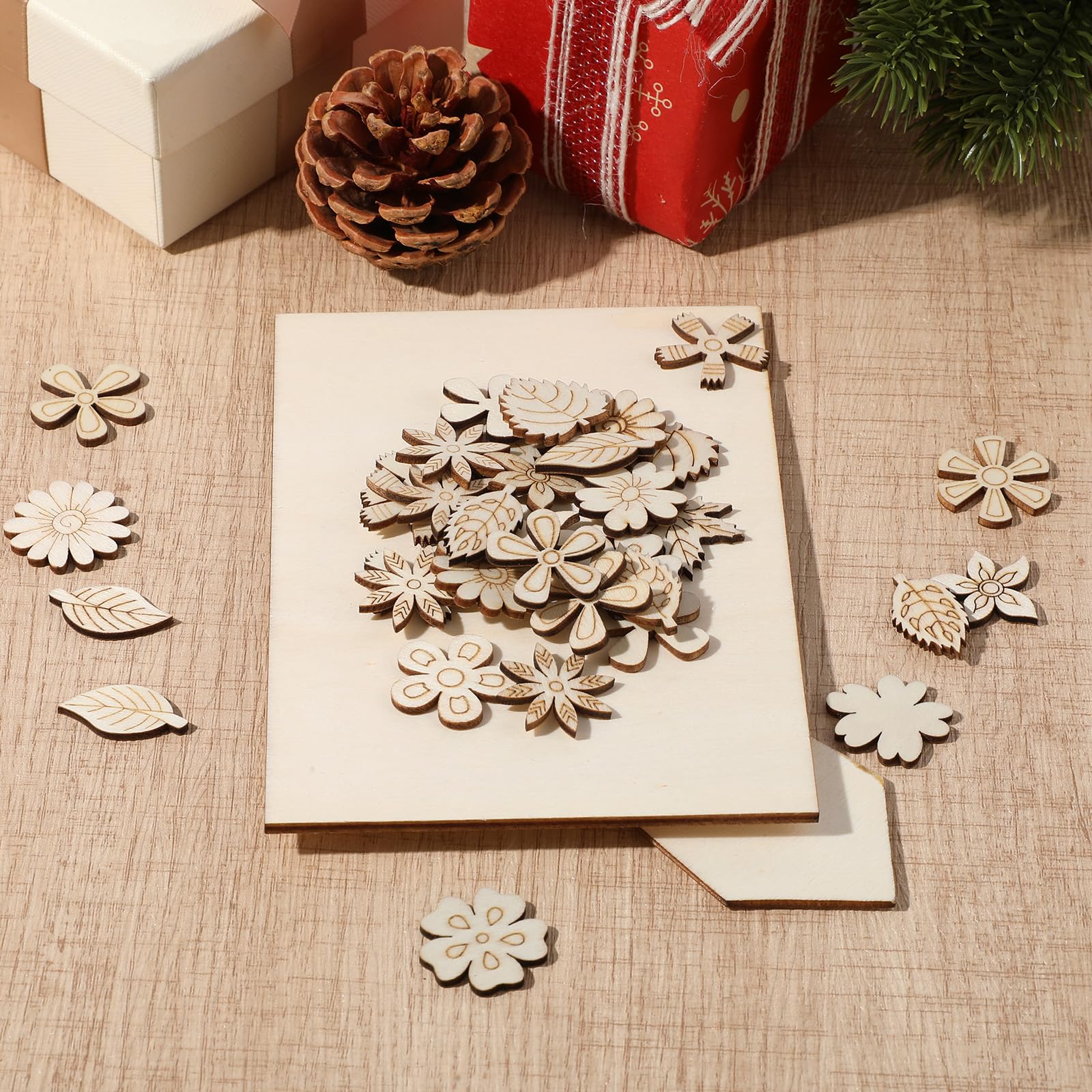 100 unidades de decoración de madera para decoración de boda, decoración de mesa, artesanía de madera, flores y madera, para decoración de mesa, manualidades, Navidad, cumpleaños, bodas
