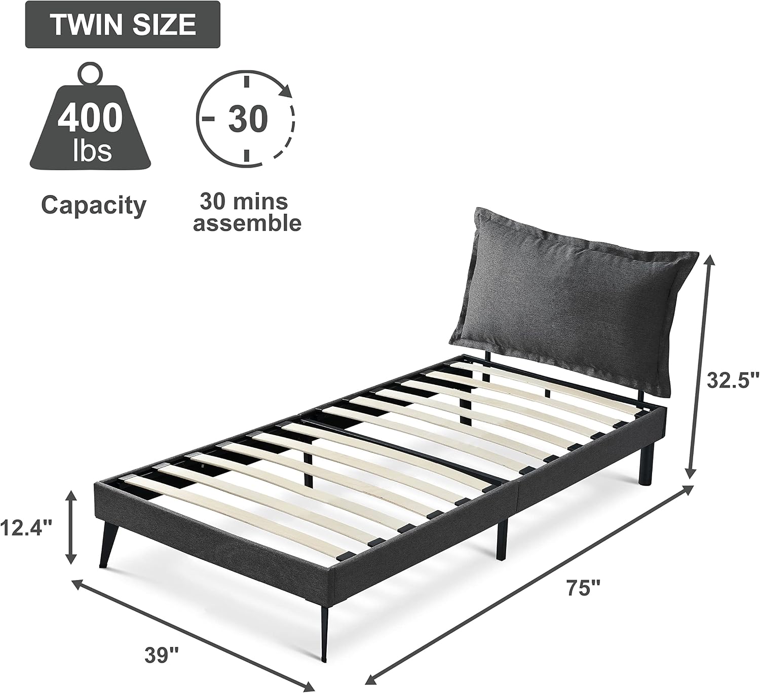 Molblly Twin Bed Frames,Sturdy Upholstered Platform with Pillow Design and Wood Slats Support,Mattress Foundation,No Box Spring Needed,Under Bed for Storage,Easy Assembly,Grey