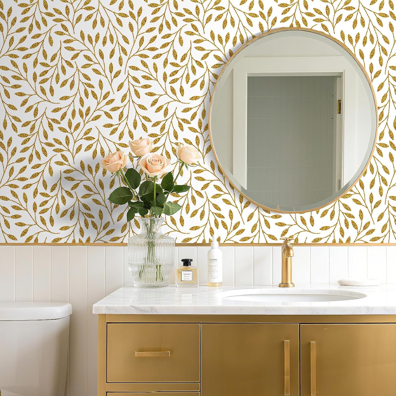 FunStick 17.5x354 White and Gold Peel and Stick Wallpaper Modern Gold Botanical Ditsy Leaves Wallpaper for Bathroom Accent Wall Paper Self Adhesive Vinyl Leaf Kitchen Cabinet Contact Paper Decorative