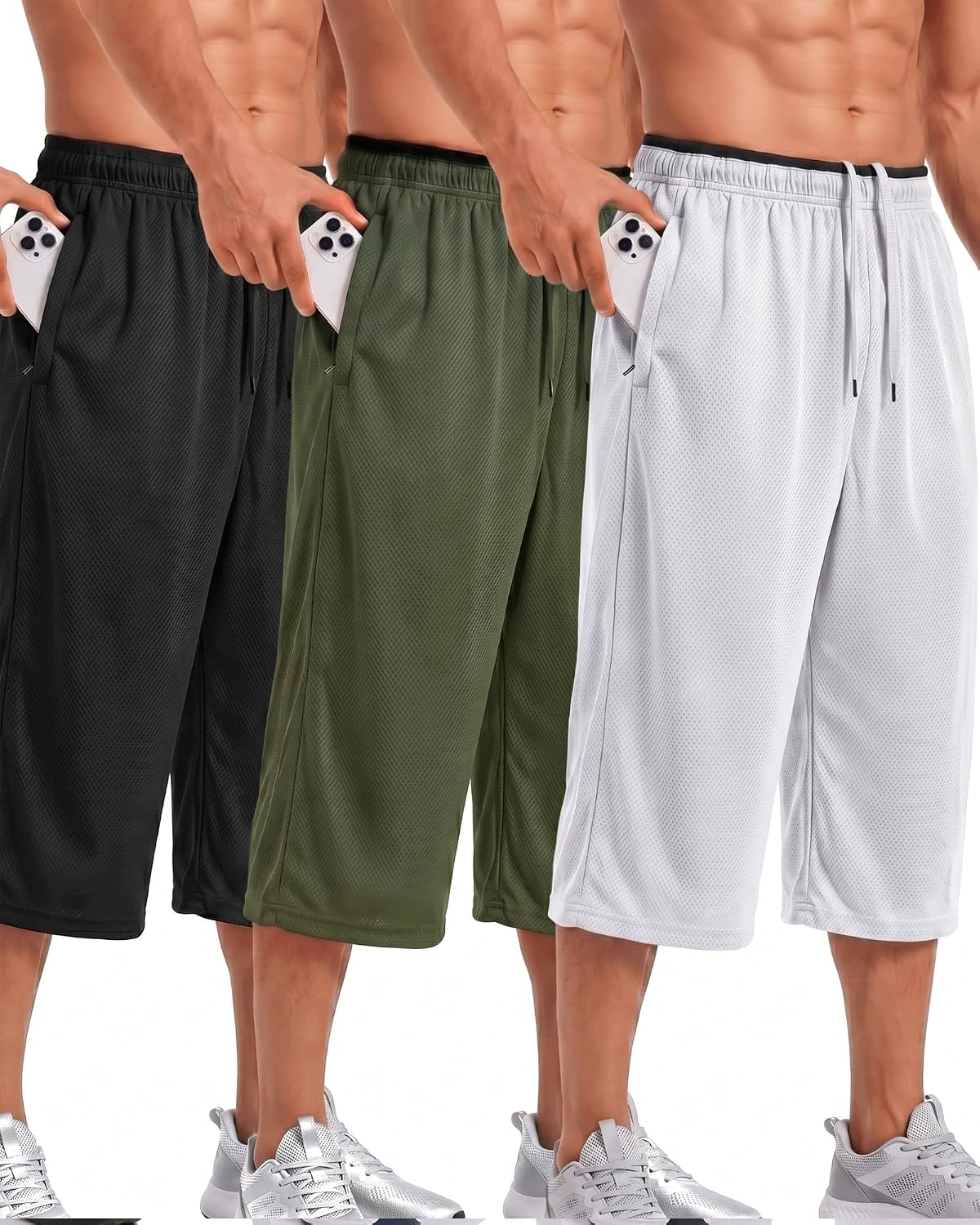 Didaey 3 Pack 12" Men's Basketball Shorts Capri Athletic Shorts Below Knee Loose Fit with Pockets Lightweight Breathable