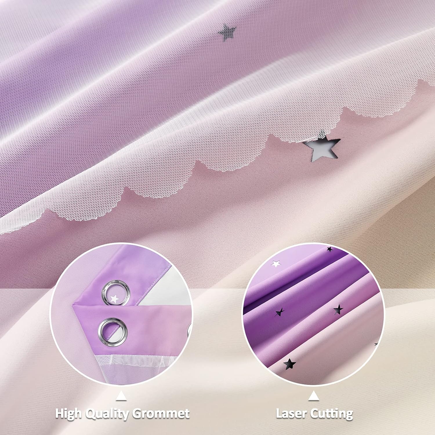 Anjee Curtains for Girls 2 in 1 Double Layer Cutout Star Light Blocking Ombre Grommets Top Drape with Lace Sheer Voile Gauze for Living Room Kids Bedroom 2 Panels 52 x 95 inch, Blue Purple Yellow