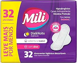Absorvente Externo Mili com Abas Dia e Noite, Cobertura Suave, Fluxo Intenso, 32 Unidades
