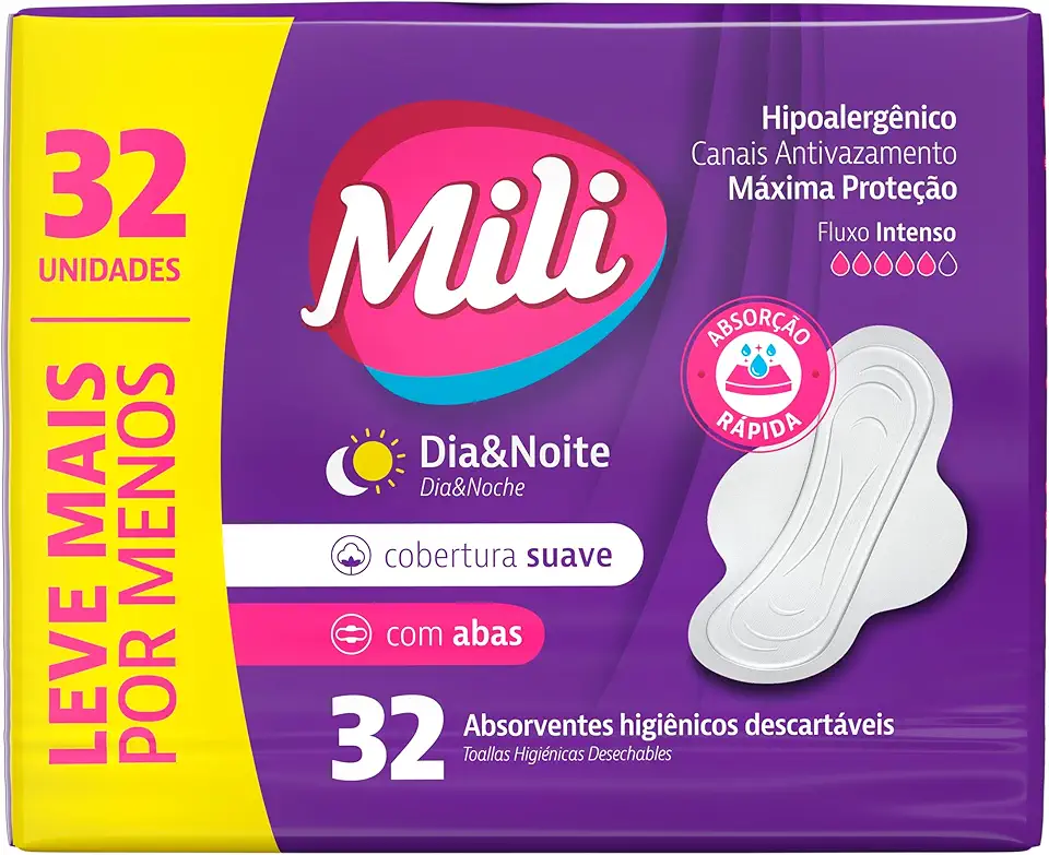Mili Absorvente Externo com Abas Cobertura Suave, Dia e Noite, Fluxo Intenso, 32 Unidades