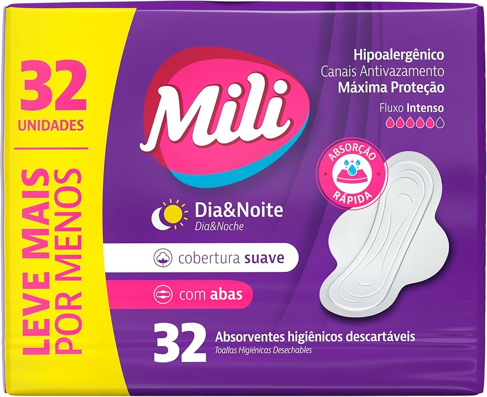 Mili Absorvente Externo com Abas Cobertura Suave, Dia e Noite, Fluxo Intenso, 32 Unidades