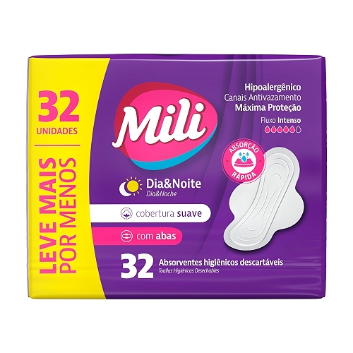 Mili Absorvente Externo com Abas Cobertura Suave, Dia e Noite, Fluxo Intenso, 32 Unidades