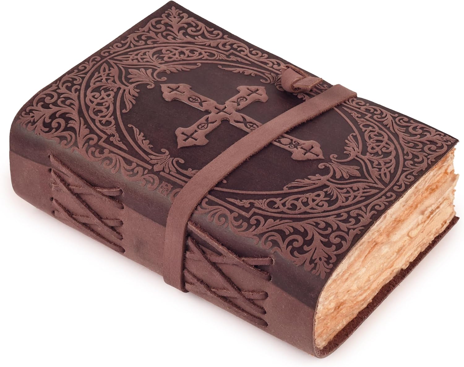 LEATHER VILLAGE Leather Bound Vintage Journal for Men & Women – Handmade Christian Cross Embossed Bible Journal - 200 Pages Antique Deckle Edge Watercolor Paper - Fuchsia - 7X5 inches