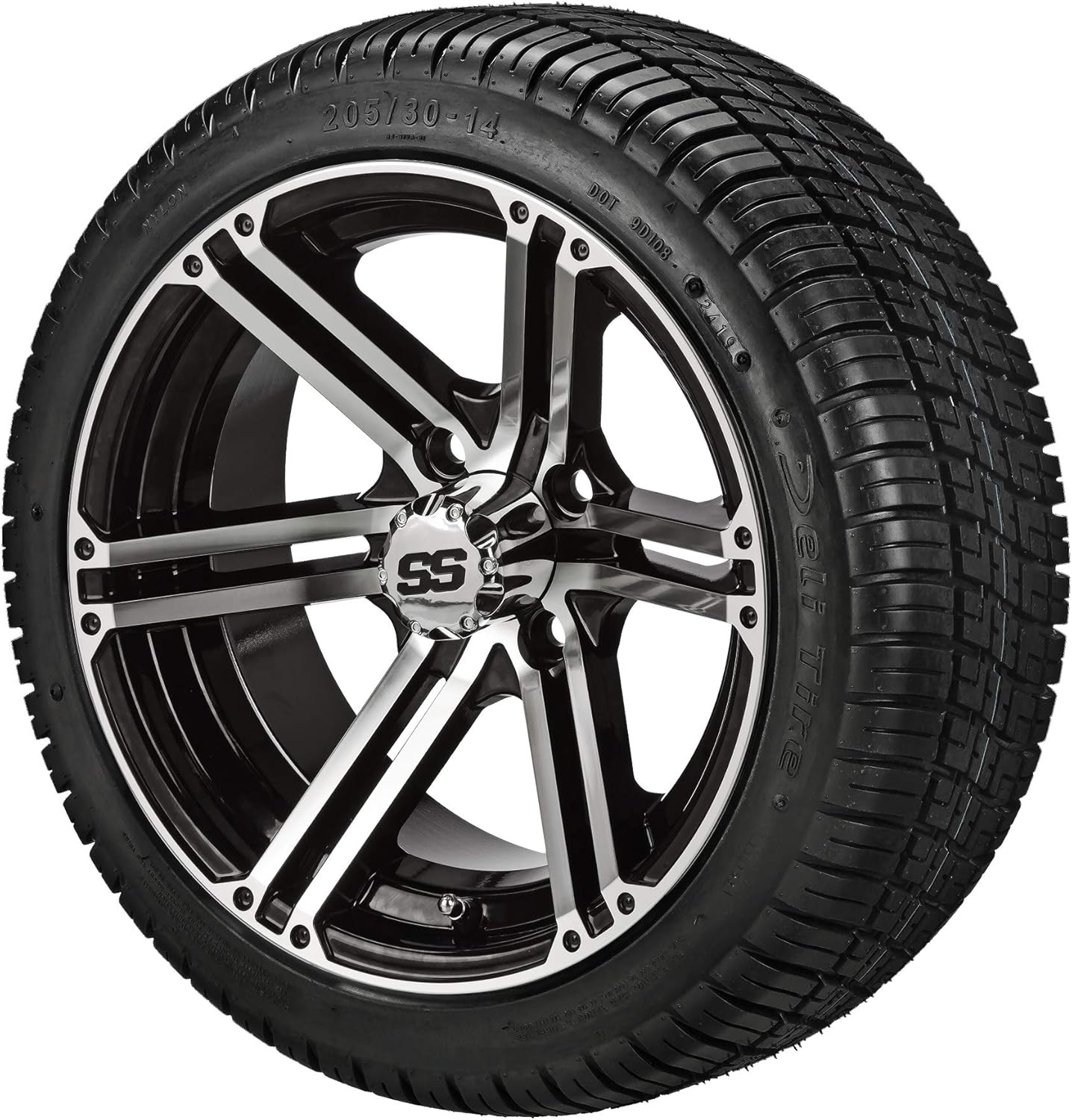 RM Cart 14" Yukon Black/Machined on a 205/30-14 Deli Tires (Set of 4) | Golf Cart Tires and Wheels Combo with Standard Lug Nuts