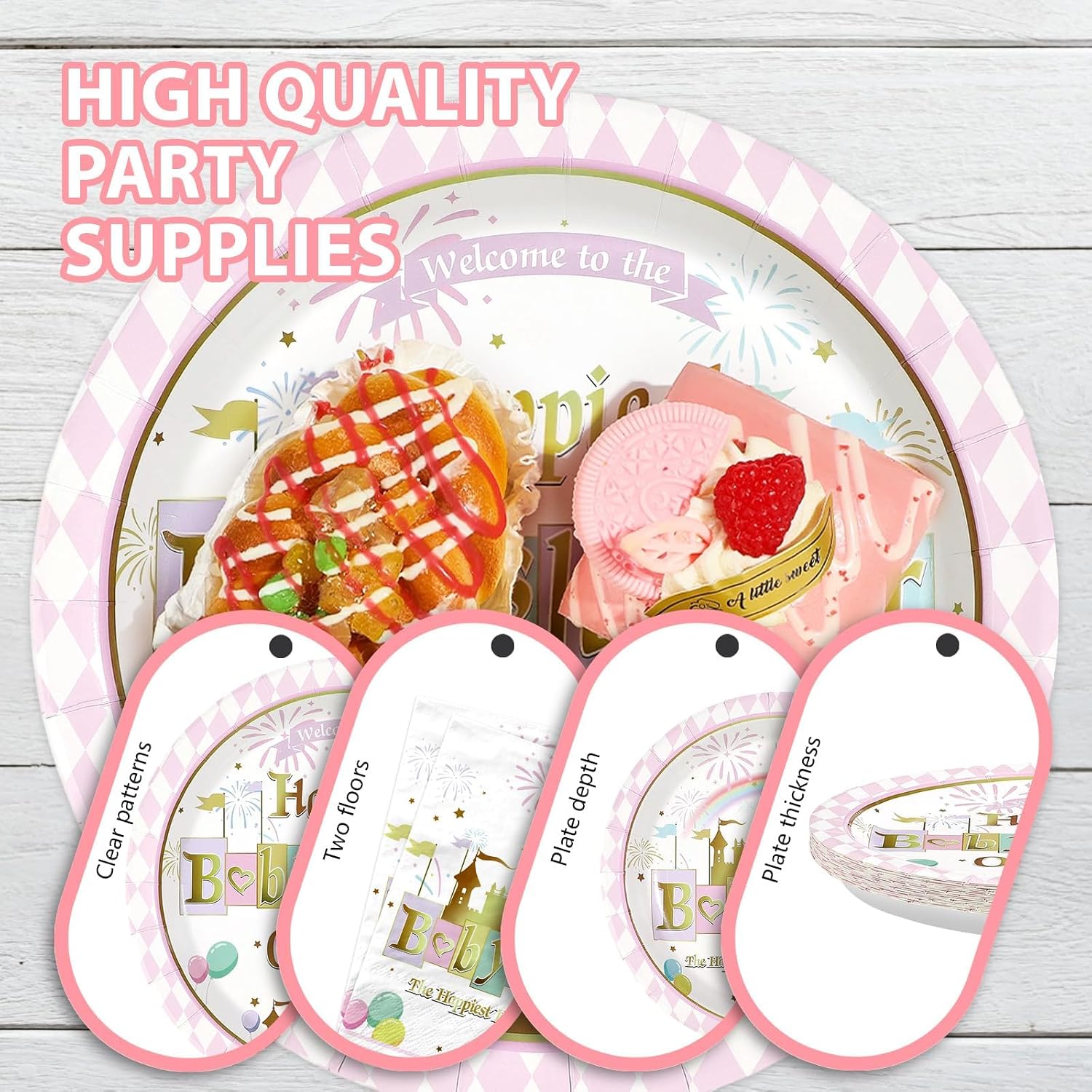 Grencian 96Pcs Princess Castle Baby Shower Party Supplies Happy Baby Shower on Earth Party Plates and Napkins Pastel Rainbow Stripes Gold Glitter Tableware Set for Girl Birthday Decorations Serves 24