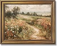 LEKDRA 24x36 Vintage Floral Wildflower Field Canvas Wall Art Gold Framed Farmhouse Cottagecore Living Room Decor