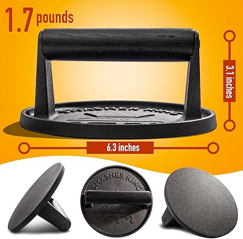 Miniatura 4 de SMASHER KING - Prensa de hamburguesa de hierro fundido premium con 25 piezas de papel de hamburguesa, triturador de hamburguesas para plancha con
