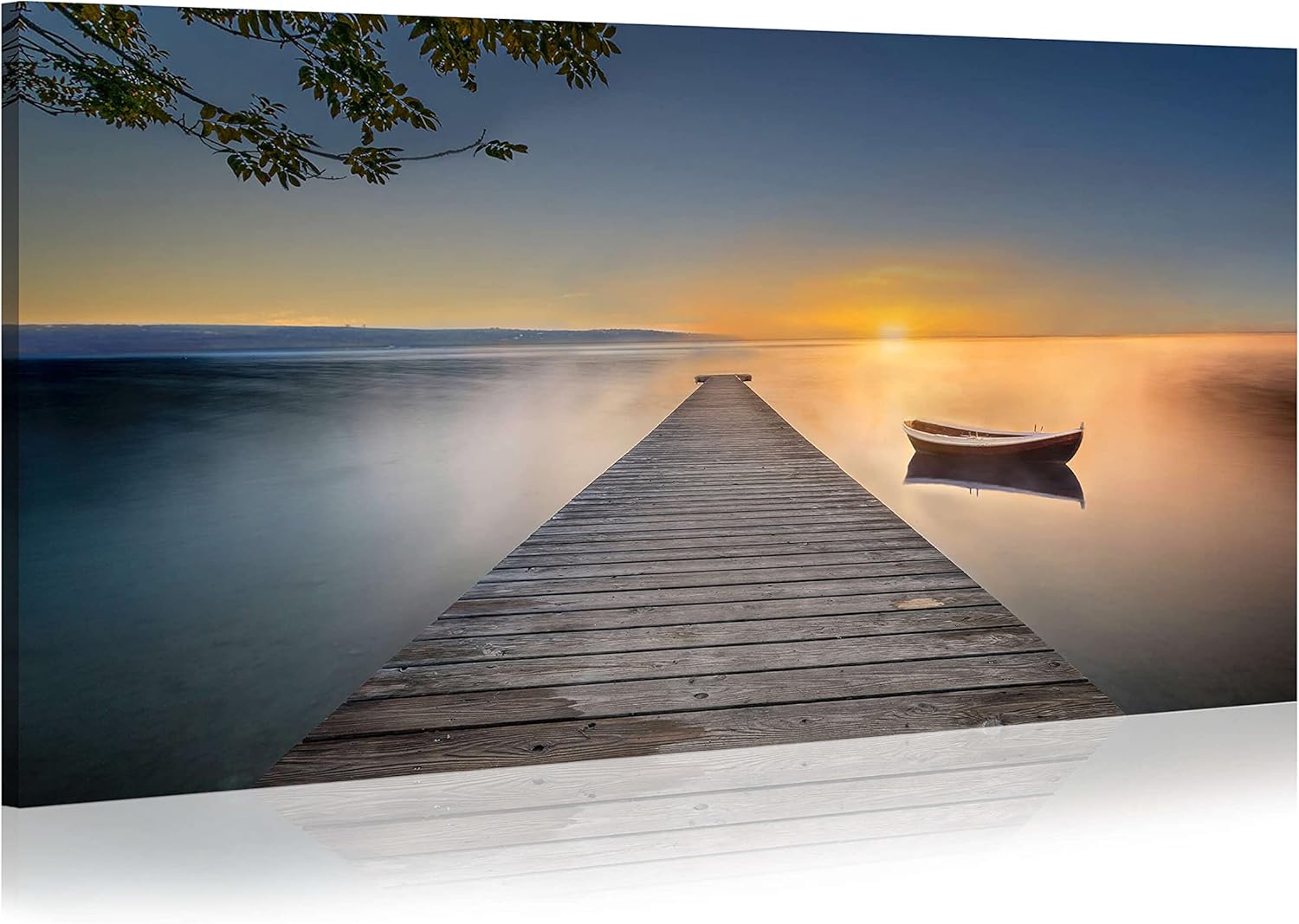 WALLSUP DECOR Pier Canvas Wall Art Painting - Lake Dock Sunset Scene Picture with Boat Landscape Bridge Boardwalk Calming Nature Artwork Painting for Home Hallway Living Room Lake Pier 40"L x 20"W