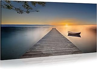 WALLSUP DECOR Pier Canvas Wall Art Painting - Lake Dock Sunset Scene Picture with Boat Landscape Bridge Boardwalk Calming Nature Artwork Painting for Home Hallway Living Room