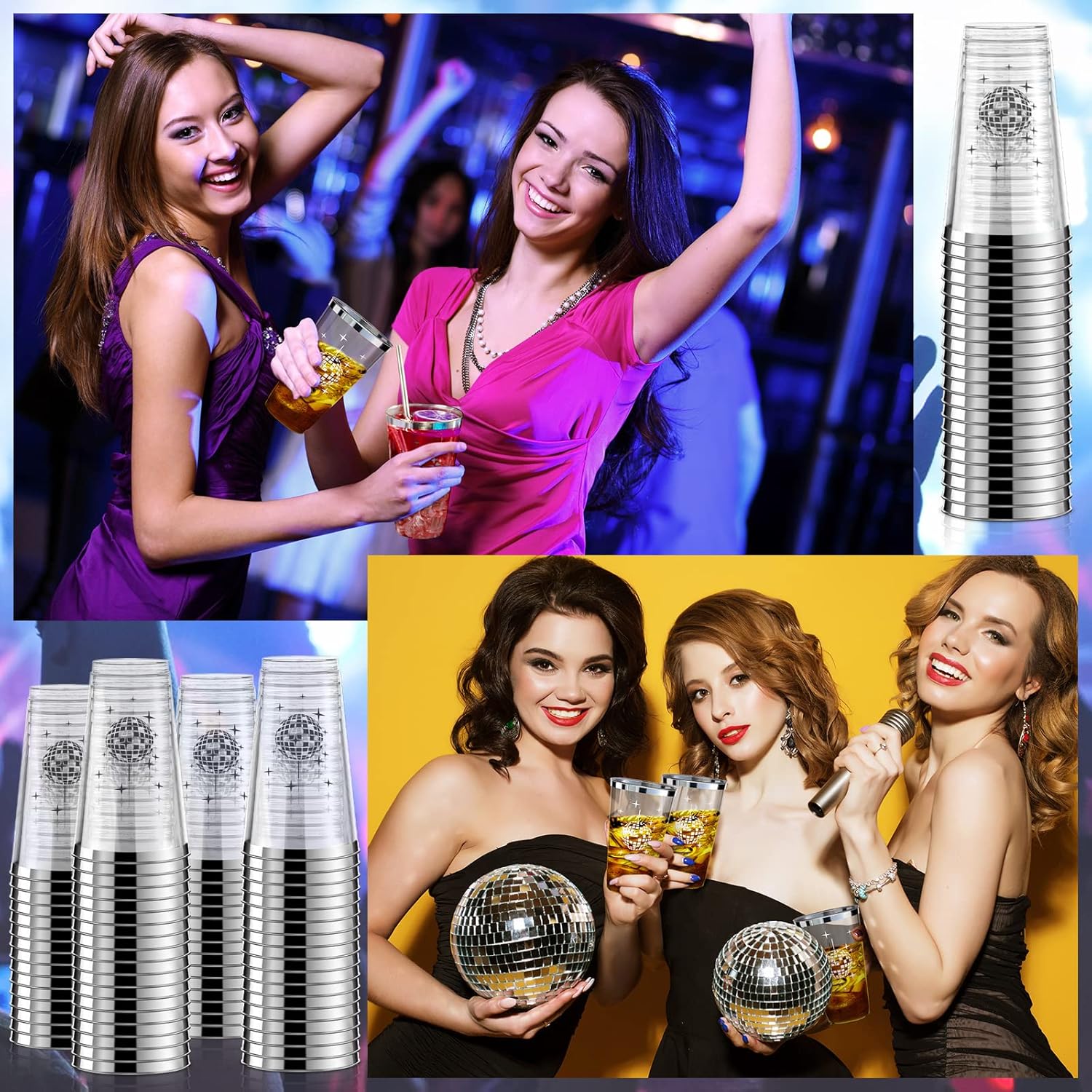 Funtery Disco Ball Cups Bulk 16oz Disposable Disco Plastic Cups Supplies 70s 80s 90s Party Hot and Cold Drinks for Bachelorette Wedding Picnic Supplies(100 Pcs)