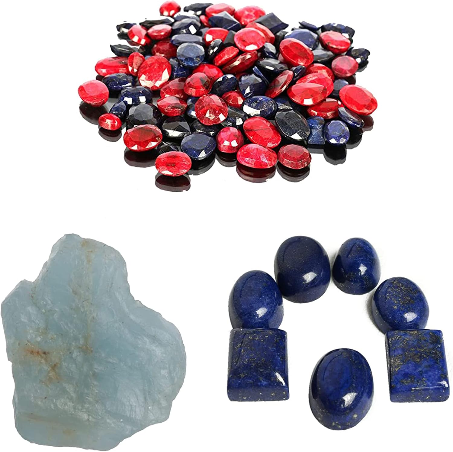 REAL-GEMS Faceted Blue Sapphire & Ruby Lot With Lapis Lazuli Cabochon & Rough Aquamarine Loose Gemstones Bundle