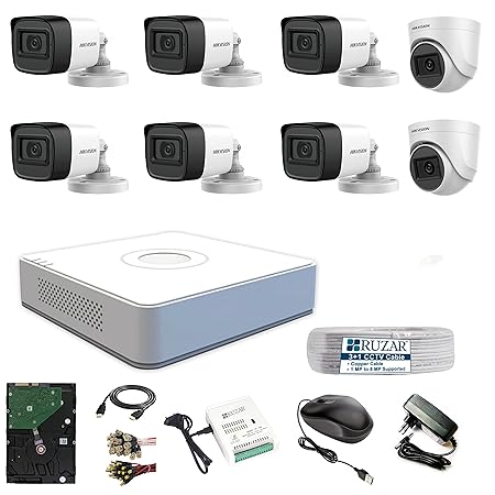 HIKVISION 8 Channel DVR with 2MP 6 Bullet Cameras 2 Dome Cameras (DayNight Vision) + 2 TB HDD + Cable Roll (1+3) + 8 CH Power Supply +RUZAR BNC & DC Full Combo Kit