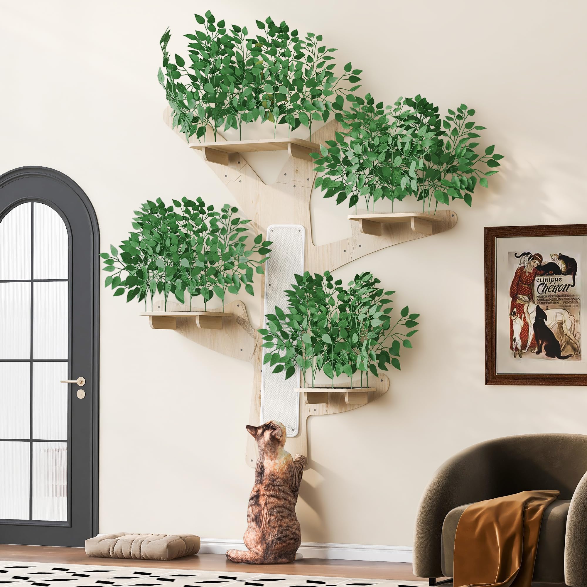 SUKY Árbol rascador para pared, madera de pino maciza, con superficie rascadora y plataformas, decorativo y estable, 155 x 210 cm, color verde