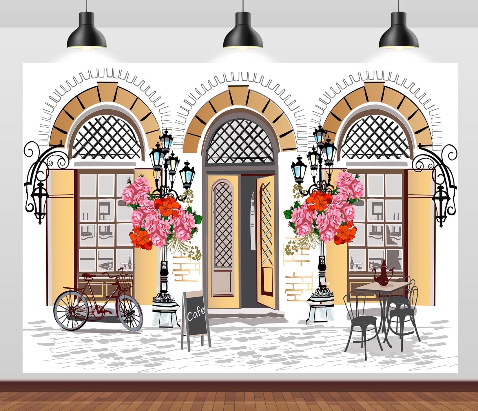 Fond Tissu 3x2.5m café de Rue français rétro. Boutique de café Ancien. Arrière-Plan pour fête thé, Anniversaire et Table de gâteaux.