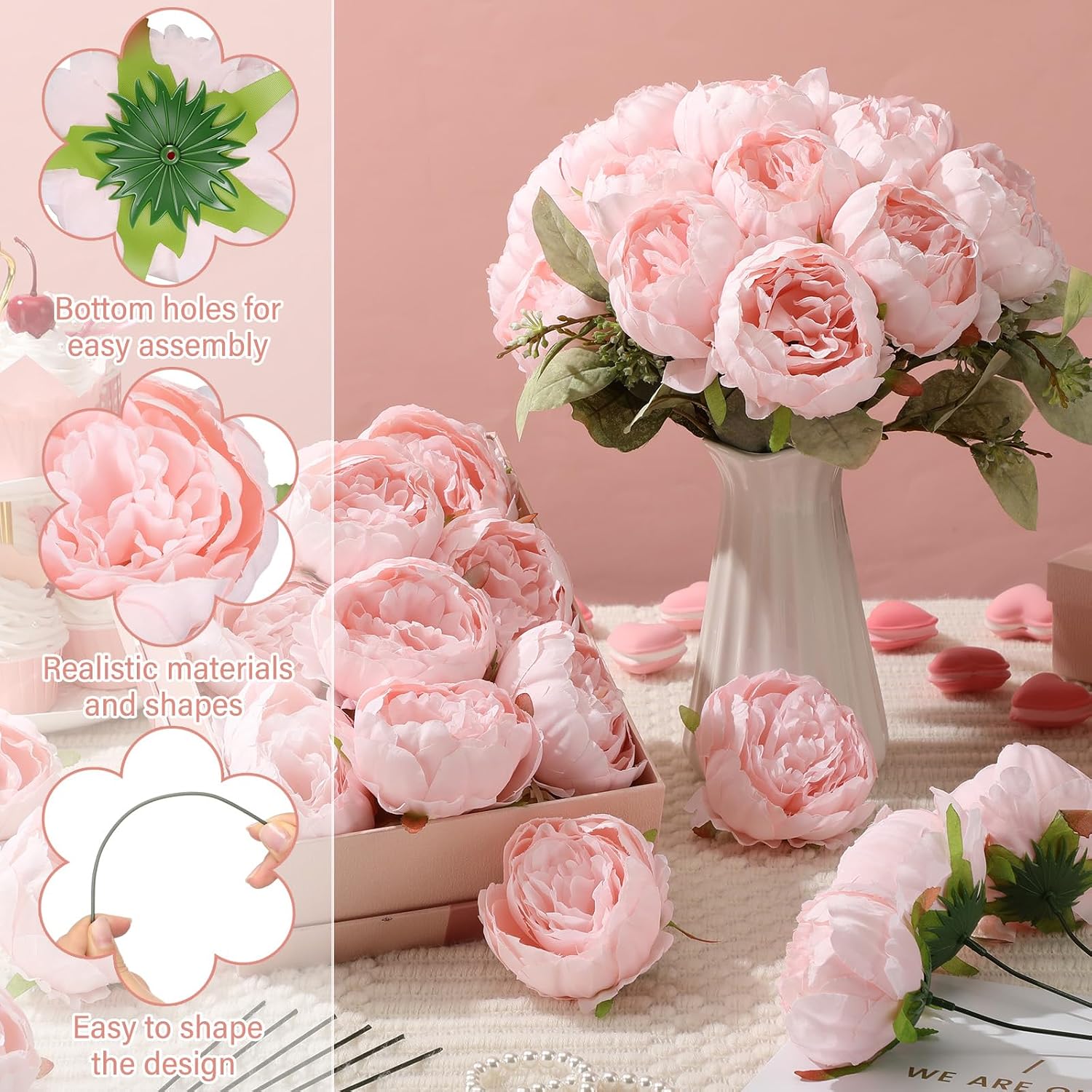 Suncalla 50 Pcs Artificial Peony Flower Bulk 3.5 Inch Silk Peony Flowers Heads with Stems Realistic Fake Roses for DIY Wedding Craft Bridal Bouquets Table Centerpieces Vase Home Decor (Pink)