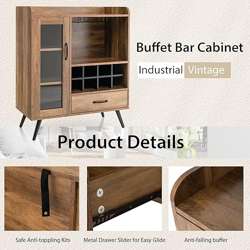 Miniatura 6 de Giantex Armario de bar con estante para vinos, gabinete de bufé de café con almacenamiento, cajón, soporte para vidrio, aparador de madera para