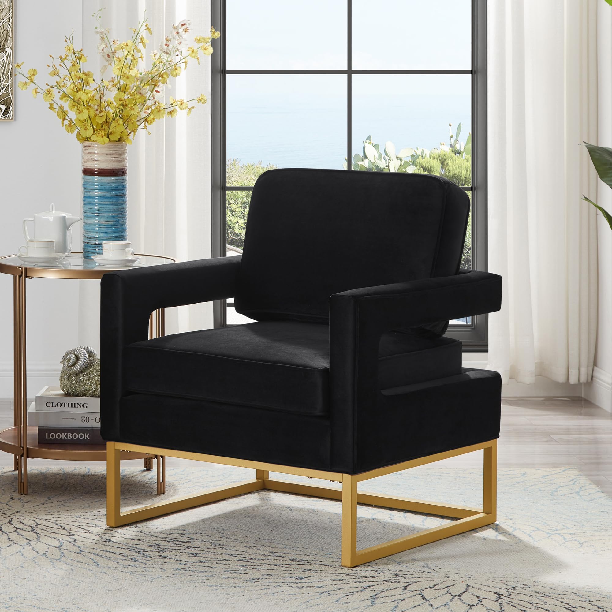 BzpouiYUANF01 Modern Style Velvet Upholstered Armchair with Gold Metal Base,Leisure Accent Open Armrest,Comfy Single Sofa Chair for Apartment, Bedroom,Office,Black