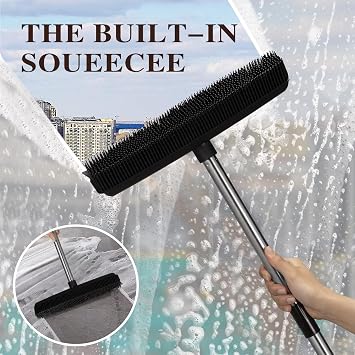 Pet Rubber Broom with 49inch Long Handle, Portable Detailing Lint Remover, Soft Push Broom for Fluff Carpet, Hardwood, Tile, Window (Black)