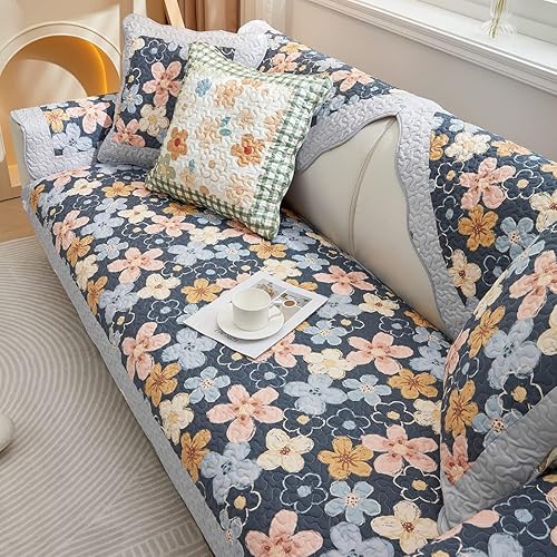 XSlive Funda de sofá de retazos de algodón funda acolchada con estampado floral de granja funda antideslizante para sofá protector de muebles para