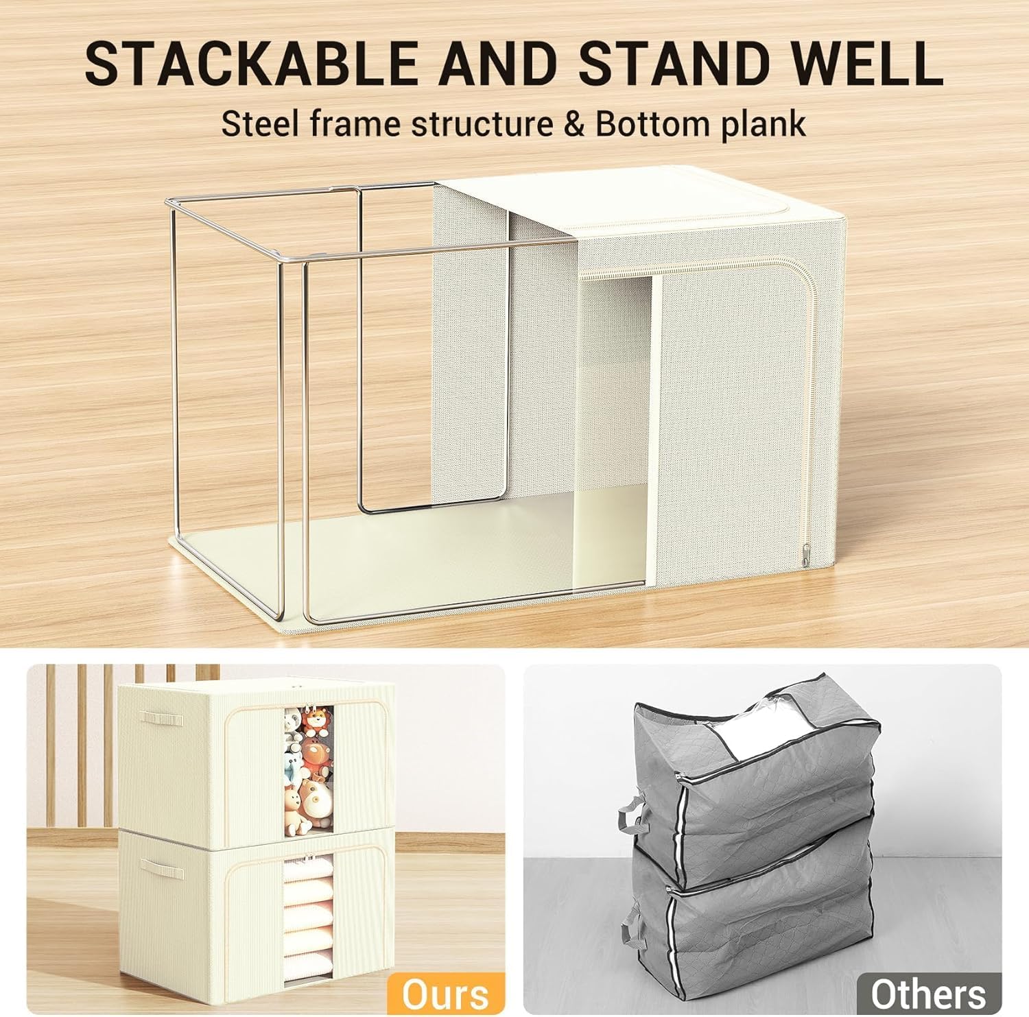 1-Pack Foldable Clothes Organizers with Metal Frame, Clothes Storage Bins Storage Containers for Clothes, Sheets, Blankets, Pillows and Towels (Beige 1, small (22L))