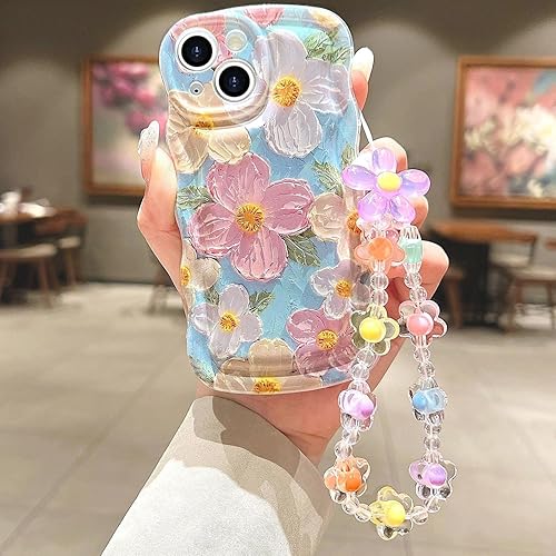Miniatura 22 de para iPhone 13 Mini Funda rizada ondulada, linda funda protectora de pintura al óleo retro colorida con patrón de flores brillantes [con cadena de
