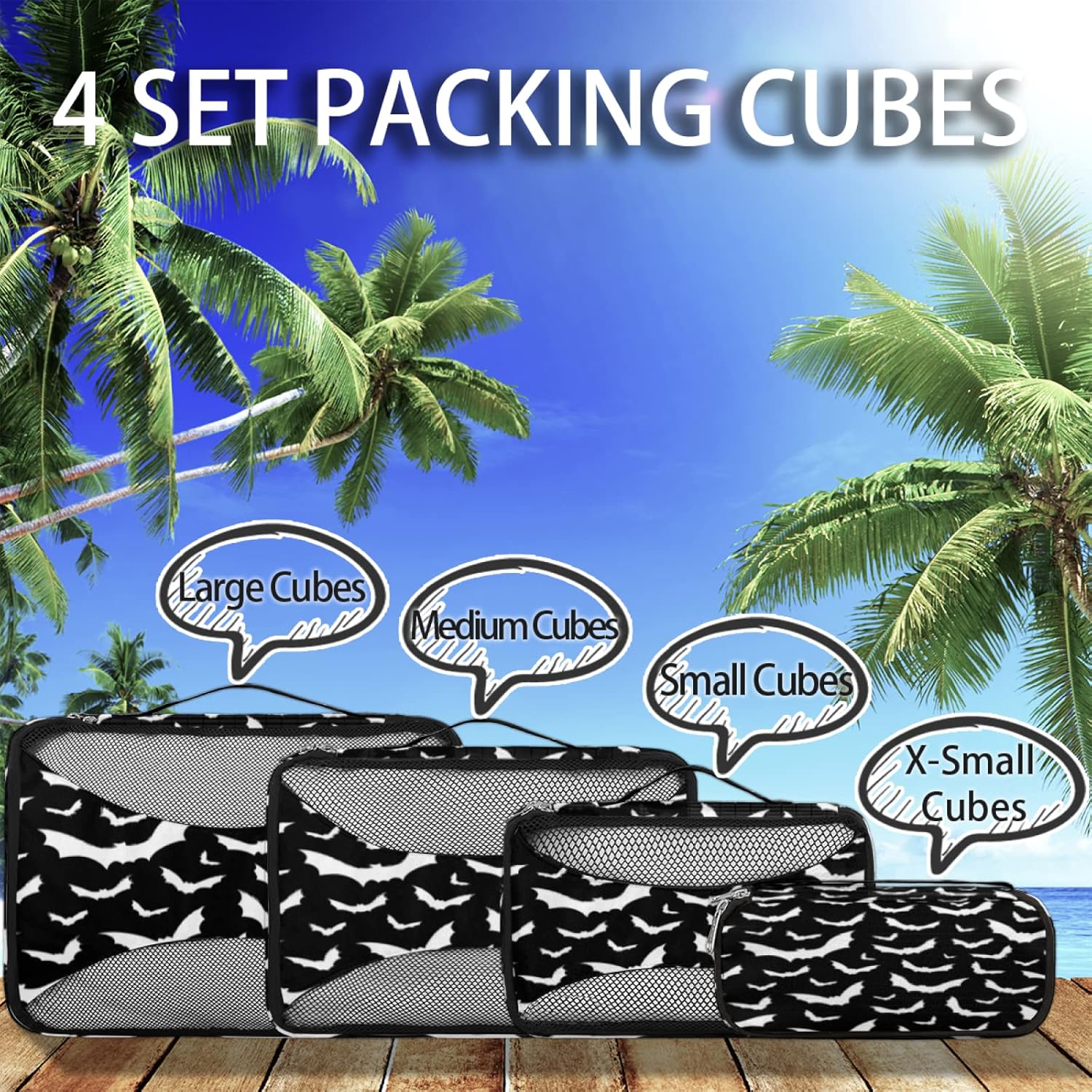 Bats Halloween Goth Packing Cubes 4 Pcs Set, Travel Luggage Packing Organizers Lightweight Space Saving Travel Cubes for Suitcases
