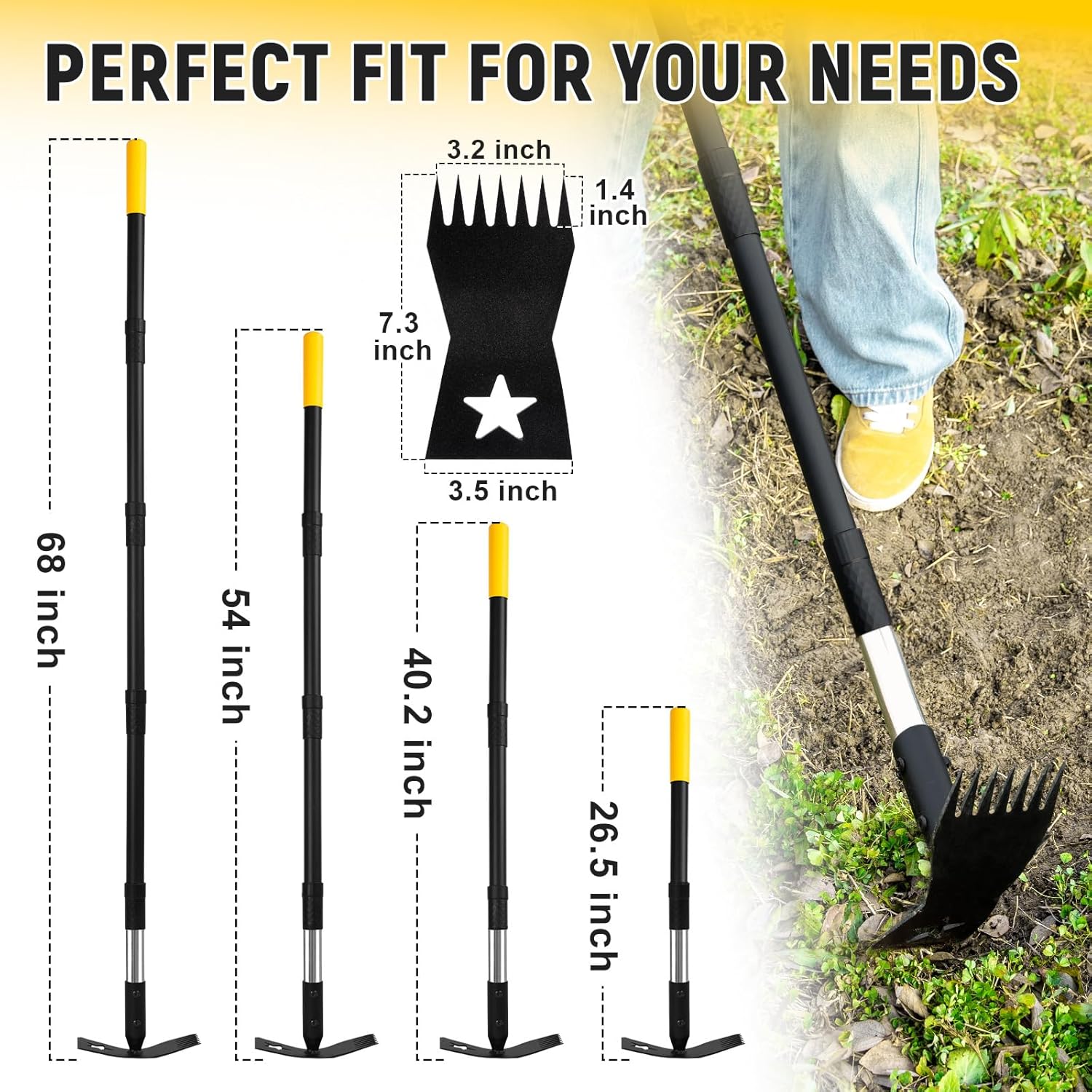 Weed Puller Tool with Long Handle 68", 2-in-1 Manual Weeds Remover, Heavy Duty Weed Rake and Garden Hoe Combo, Stand Up Weeder Uprooting Weeding Pull Tool for Garden Yard Lawn Patio