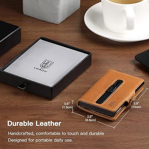 Miniatura 3 de Leaov Cartera delgada de cuero con ventana de identificación, tarjetas emergentes, protección RFID, cartera minimalista para hombres con bolsillo