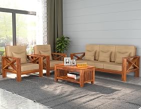 Sheesham Wooden 5 Seater Sofa for Living Room | Rosewood 5 Seater Cushion Sofa X-Legs | Solid Wood Sofa Set for Lounge (3+1+1,Honey)