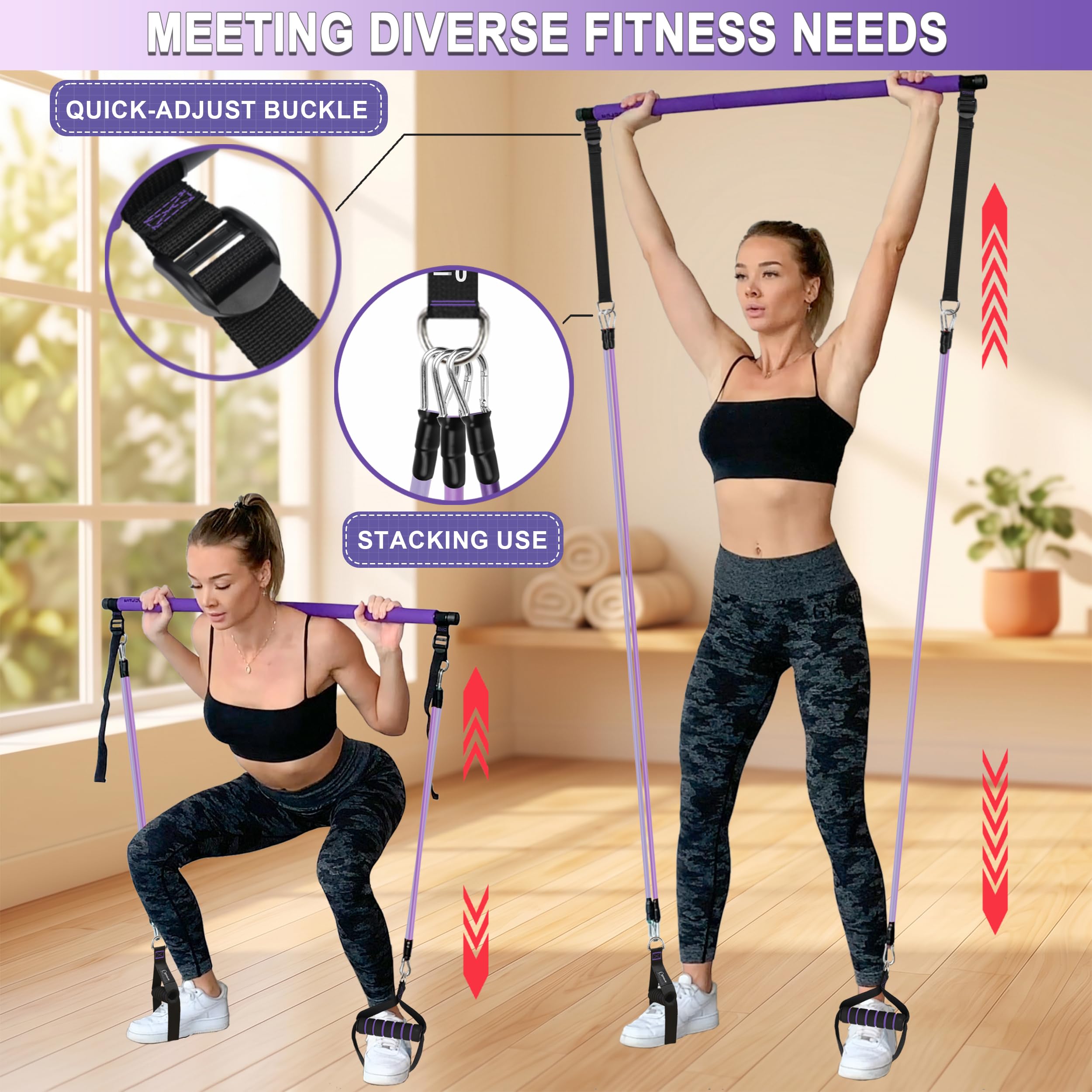 Ensemble de Barres de Pilates et Bandes de Résistance avec Poignées, Salle de Sport Portable à Domicile