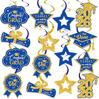 16 PCS Blue and Gold Graduation Decorations Class of 2026 Hanging Swirls | Blue and Gold Congrats Grad Hanging Swirl for Grad Party Supplies