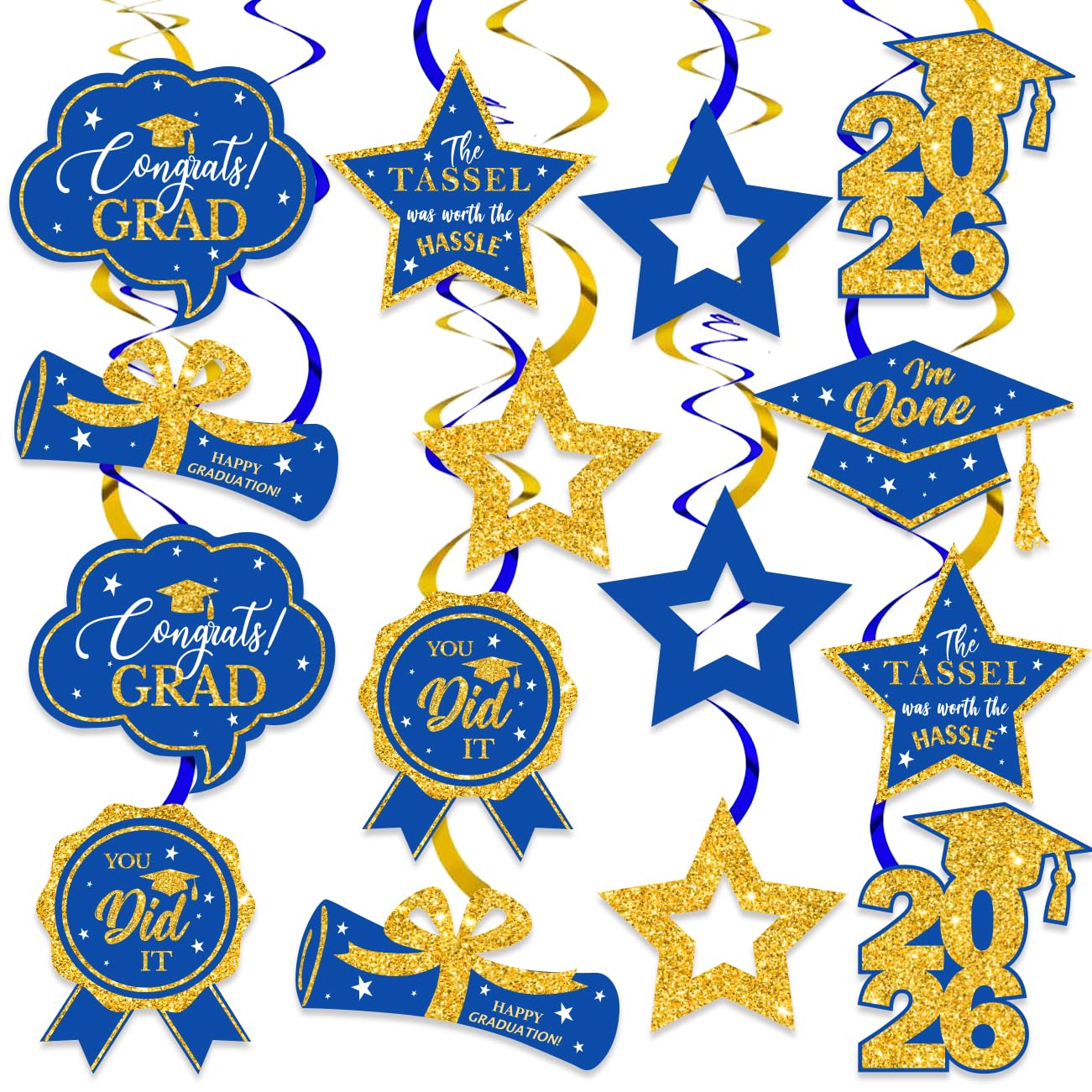 Photo 1 of 16 PCS Blue and Gold Graduation Decorations Class of 2026, Graduation Hanging Swirls Blue and Gold Congrats Grad Hanging Swirl for Grad Party Supplies