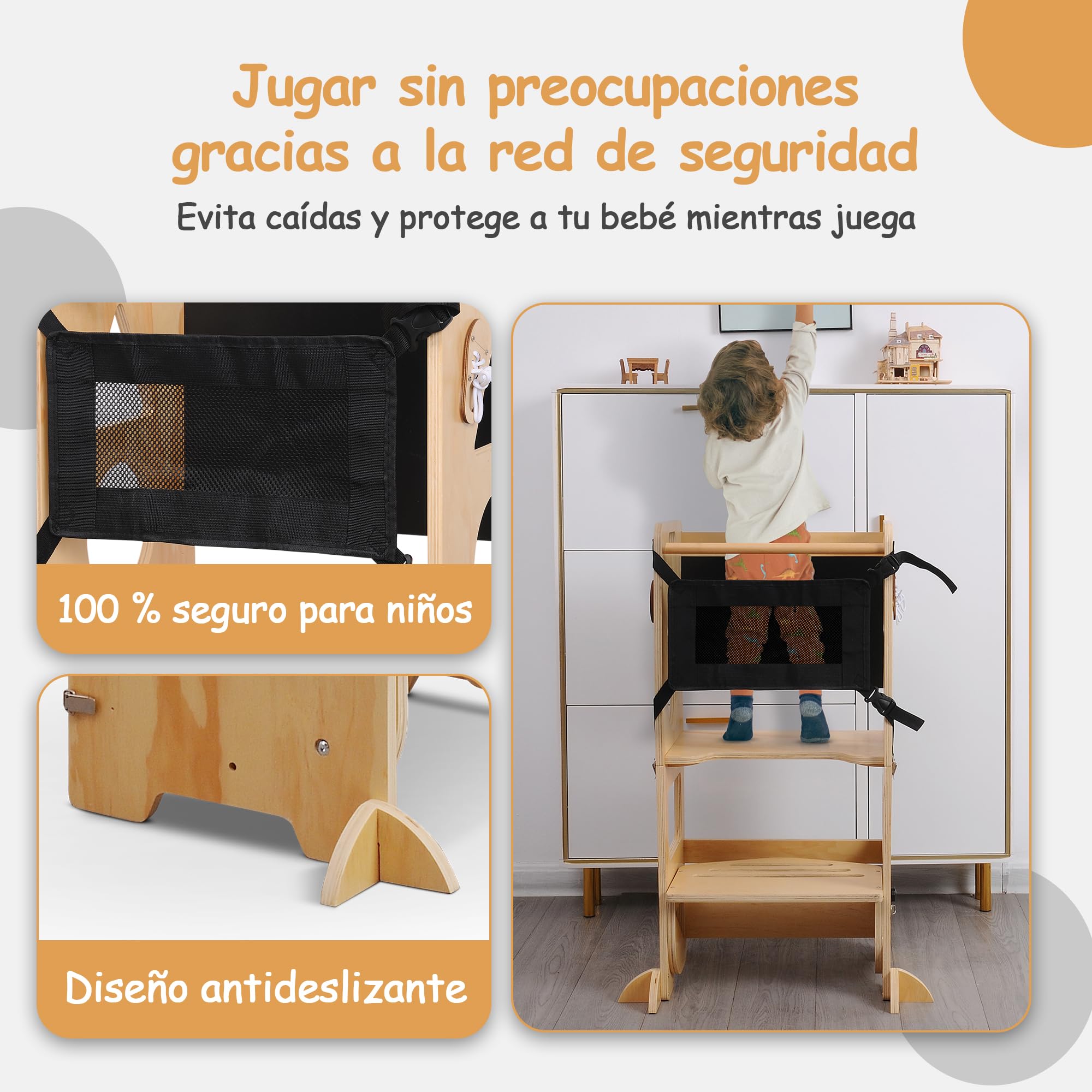 Olvy Torre de Aprendizaje Montessori 3 en 1 Plegable para Niños, Escalera de Madera 3 Peldaños