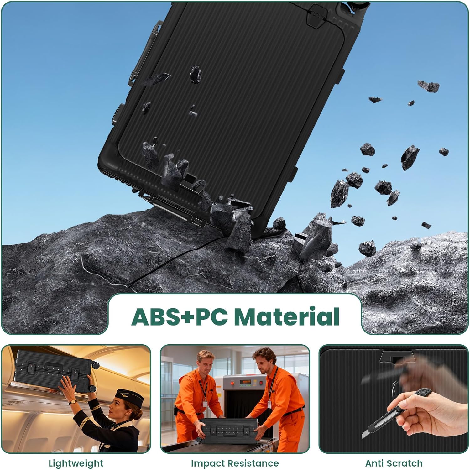 20 Inch Aluminum Frame Carry On Luggage with Front Pocket, USB Port, Phone Holder & Cup Holder, Hard Shell Spinner Suitcase for Airplane Travel, Black