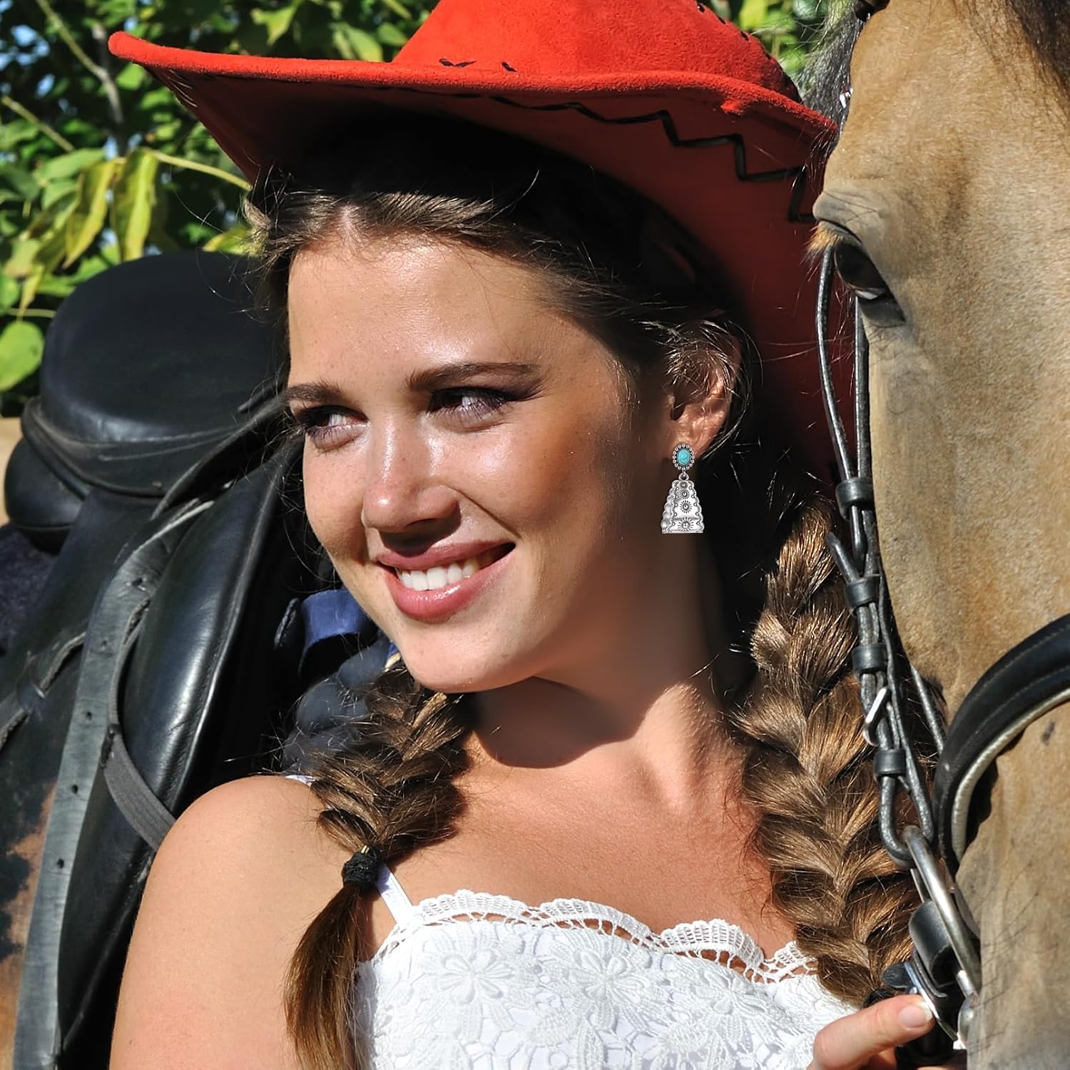 Turquoise Western Earrings for Women Vintage Silver Dangle Earrings Boho Westerns Outfit Jewelry Accessories Country Concert Outfits for Women - Image 4