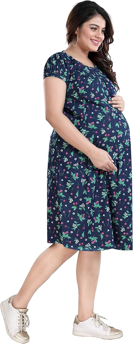 Buy MAMMA'S MATERNITY Women's Blue Cherry Printed Denim Maternity/Feeding  Dress (XX-Large,Blue Cherry) at Amazon.in