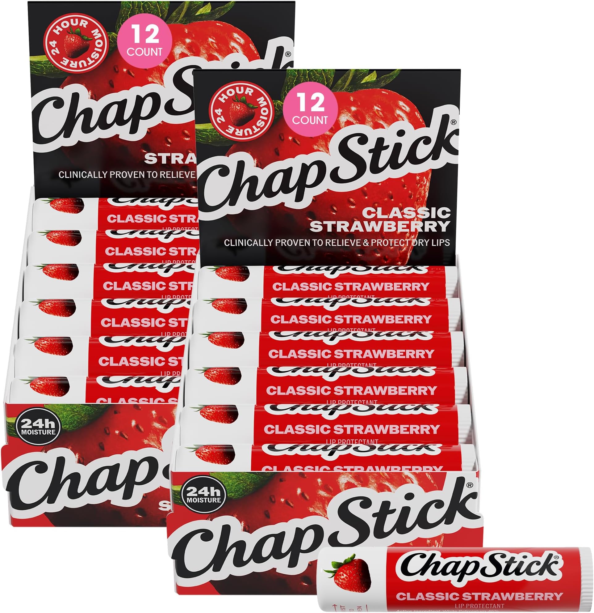 ChapStick Bulk Classic Strawberry Lip Balm, 24-Count – Tinted Lip Moisturizer, Juicy & Sweet, 0.15 Oz Ea