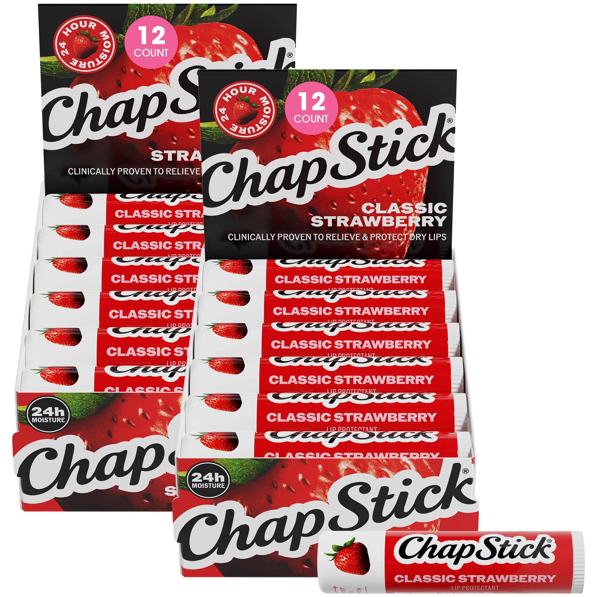 ChapStick Bulk Classic Strawberry Lip Balm, 24-Count – Tinted Lip Moisturizer, Juicy & Sweet, 0.15 Oz Ea