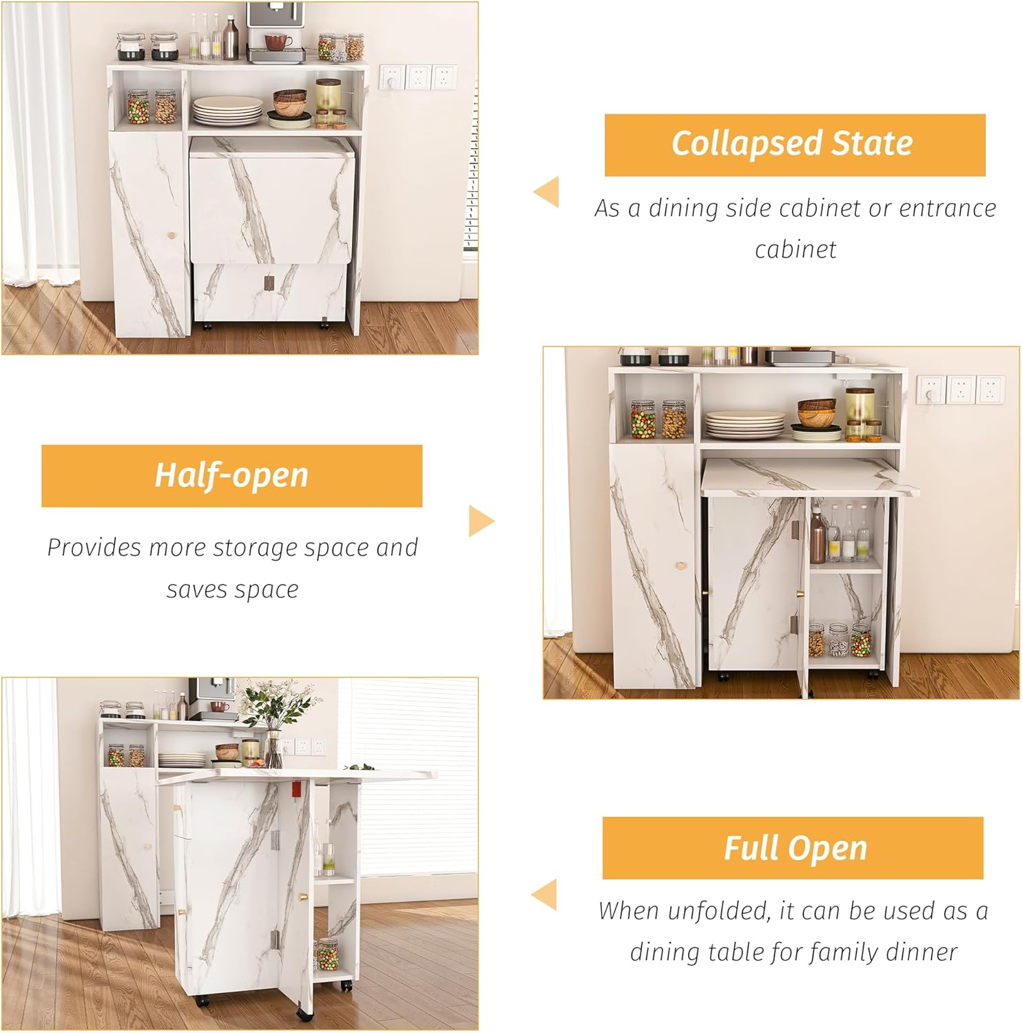 Folding Dining Table with Wall Mounted Sideboard, Expandable Dining Table with Wheels, Entryway Table with Charging Station, Kitchen Table for Small Spaces (White)